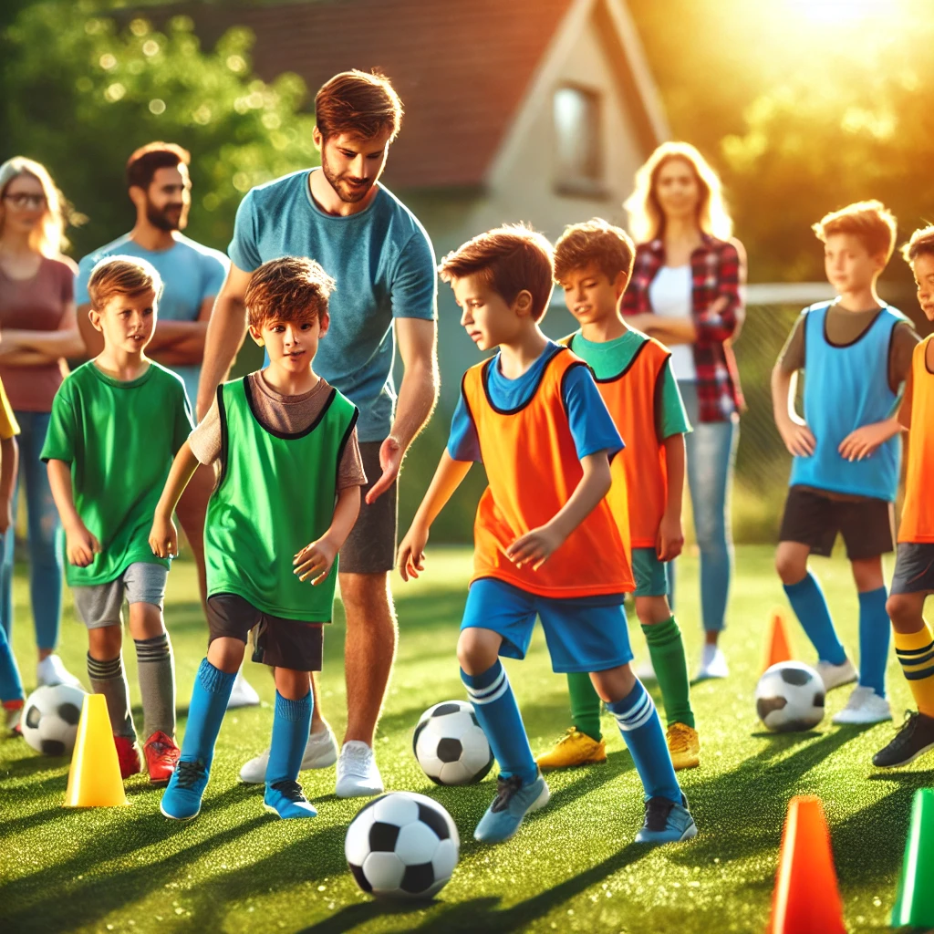 Jóvenes futbolistas entrenando en equipo en un campo de fútbol, guiados por un entrenador que utiliza conos y equipamiento para mejorar sus habilidades. Imagen de fútbol base con niños de 8 a 12 años, ambiente positivo y motivador, representando la formación técnica y los valores deportivos en Academia SM Fútbol