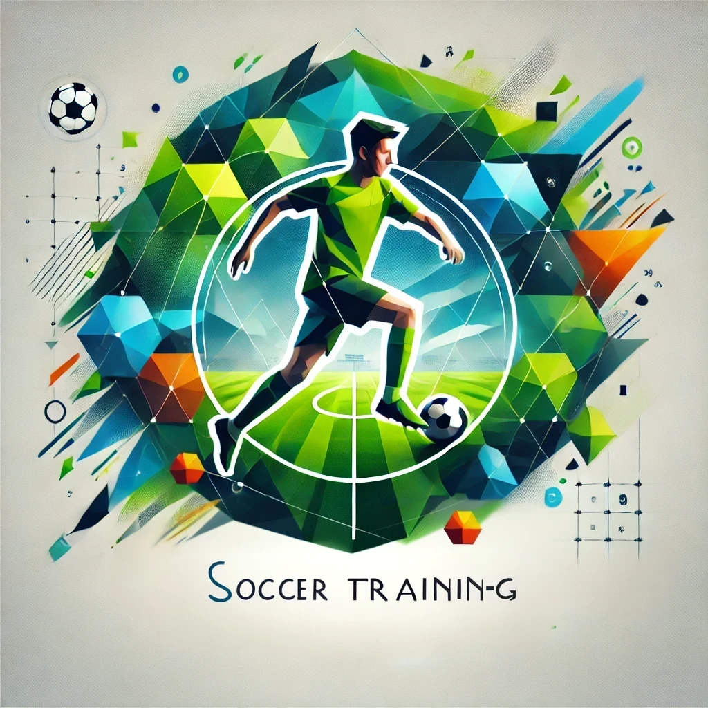 Un diseño abstracto y moderno con un estilo poligonal que representa la energía y dinamismo del entrenamiento de fútbol. El fondo está compuesto por formas geométricas en tonos verdes y azules que evocan el campo de juego y la intensidad del deporte. Ideal para materiales promocionales relacionados con academias de fútbol o entrenamientos deportivos.