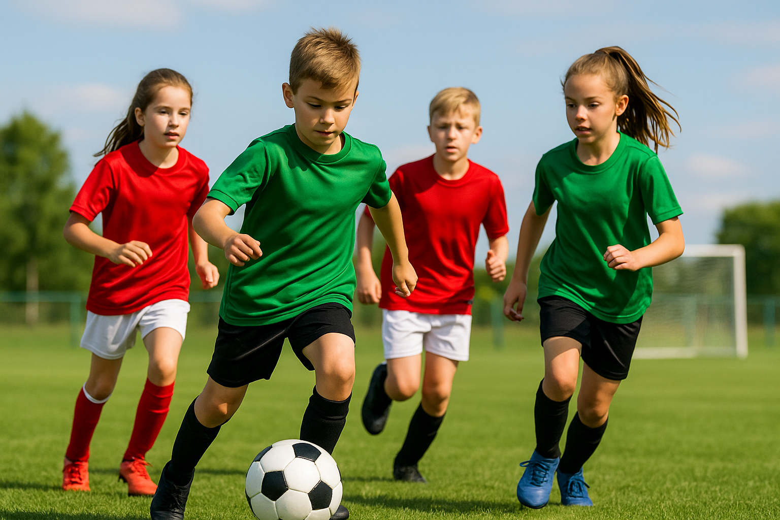 Niños y niñas juegan un partido informal de fútbol en un campo de césped, usando mochilas y camisetas como porterías, en un entorno urbano y relajado